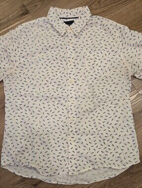 Jachs New York White Short Sleeve Button Up Shirt with Blue Feather Print
